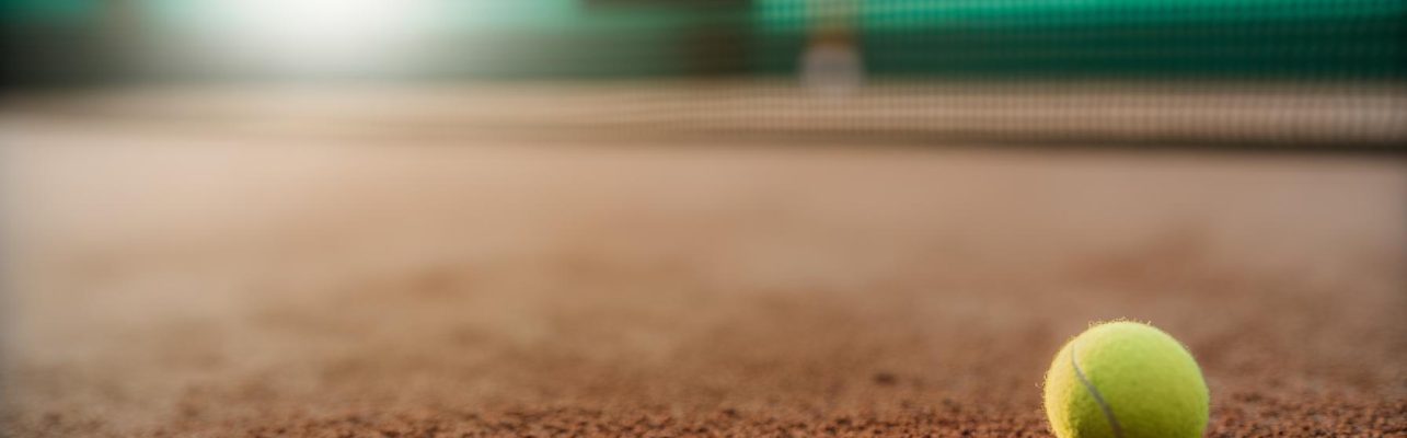 Une balle de tennis repose sur la ligne de fond d'un court au lever du soleil, avec le filet et des sièges en arrière-plan.