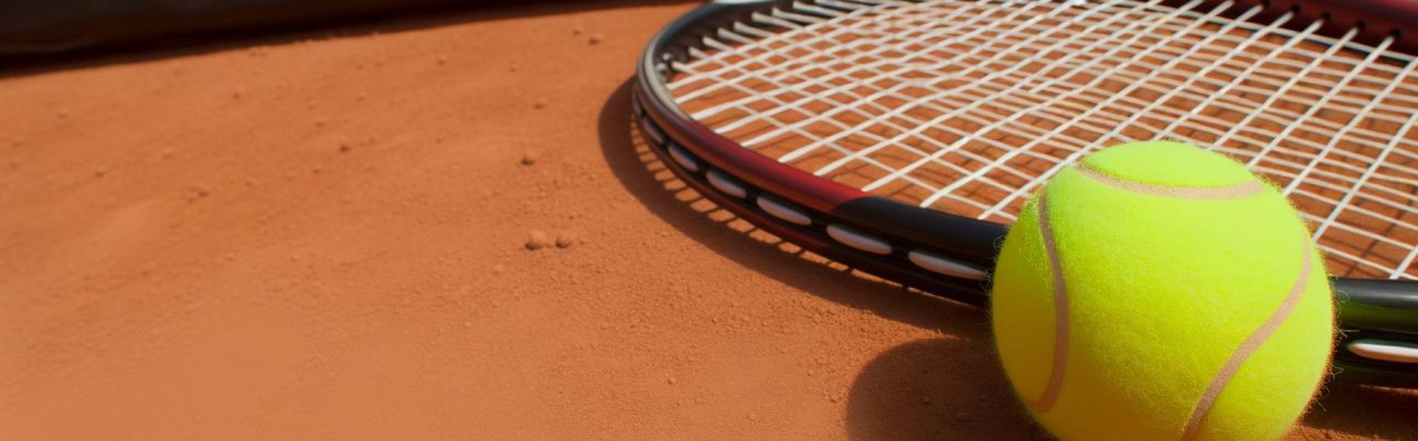 Une balle de tennis et une raquette sur un court en terre battue avec un filet en arrière-plan.