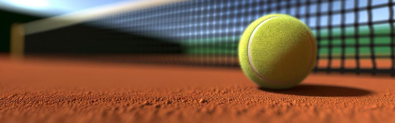 Photographie d'un court de tennis en argile avec une balle près du filet.
