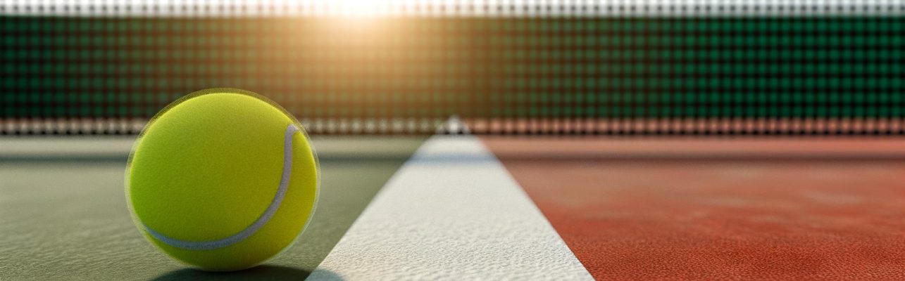 Une balle de tennis sur la ligne de fond du court par une journée ensoleillée.