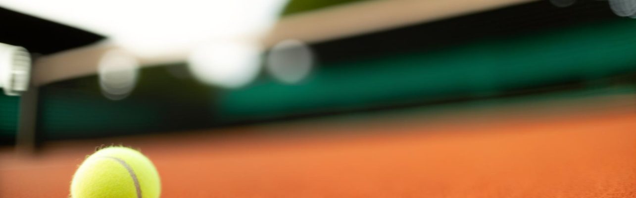 Gros plan d'une balle de tennis reposant sur la ligne blanche d'un court en terre battue.