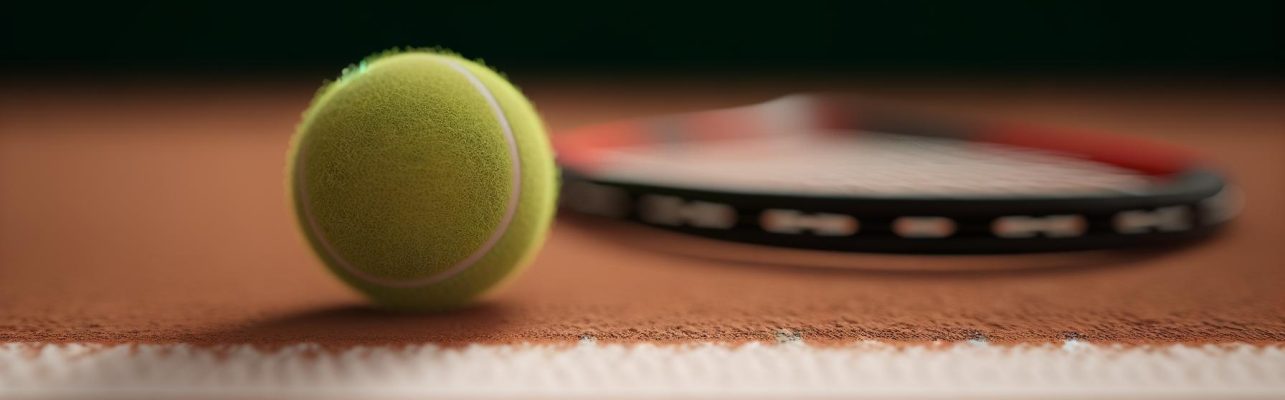 Une balle de tennis sur la ligne blanche d'un court avec une raquette proche.