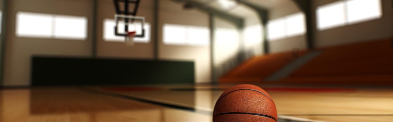 Un ballon de basket repose sur le sol en bois verni d'un gymnase, avec des paniers visibles en arrière-plan.