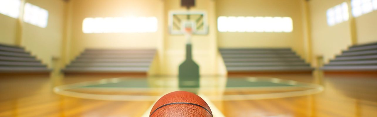 Un ballon de basket repose sur le sol d'un terrain ensoleillé avec un banc et un panier en arrière-plan.