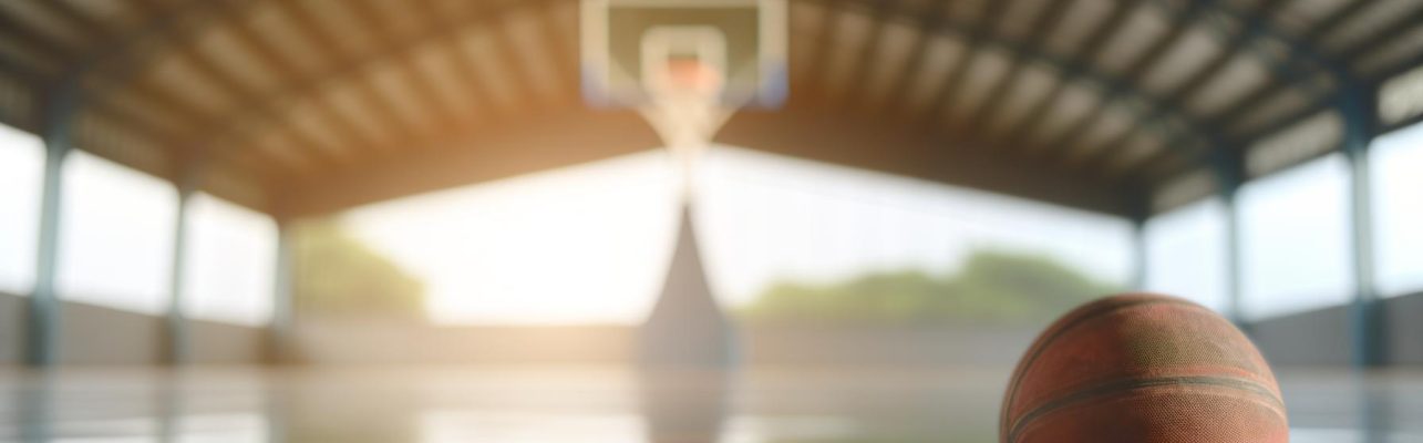 Un ballon de basket repose sur un parquet dans un gymnase vide.