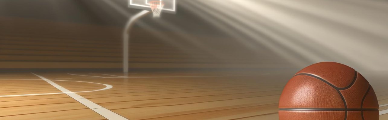 Un ballon de basket sur le sol en bois d'un gymnase ensoleillé.