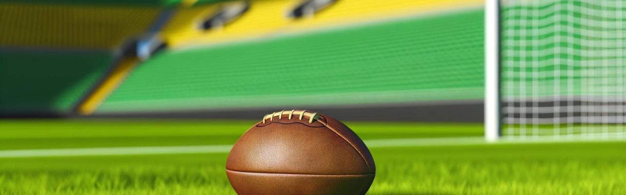 Un ballon de football en cuir sur l'herbe avec des gradins vides en arrière-plan.