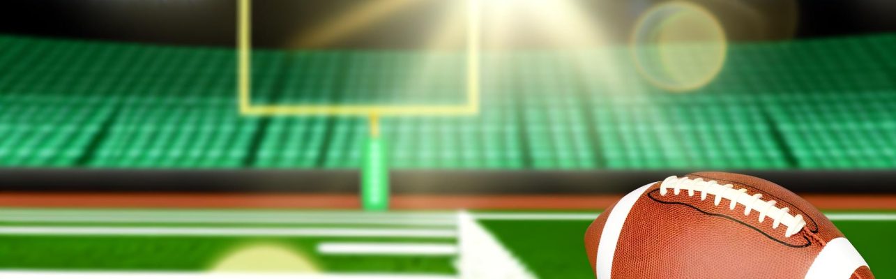 Un ballon de football classique repose sur un terrain avec des lignes blanches et des buts en arrière-plan.