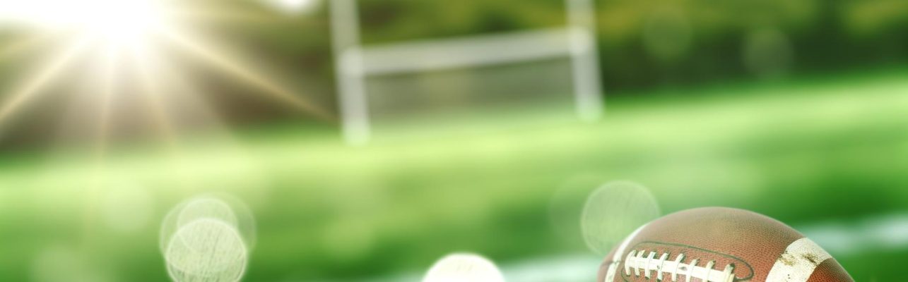 Un ballon de football use repose sur un champ vert avec des buts flous en arriere plan.