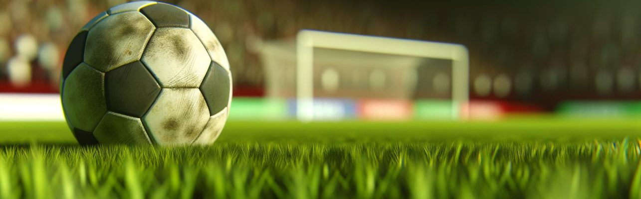 Un ballon de football repose sur une pelouse verte sous la lumière du soleil, avec les buts et les sièges du stade en arrière-plan.