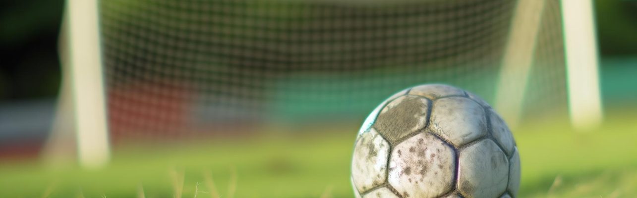 Un ballon de football usé et légèrement boueux sur un terrain en herbe avec un filet de but en arrière-plan.