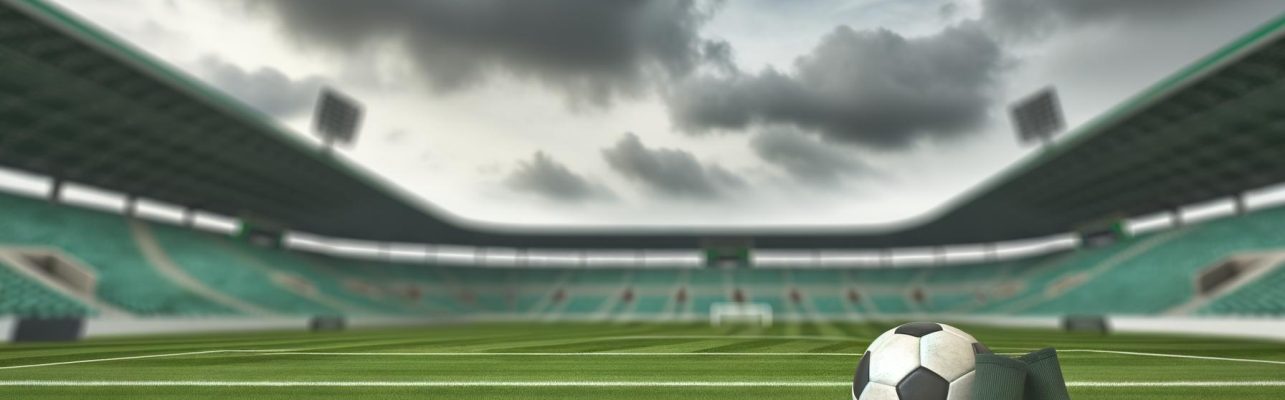 Un ballon de football au centre d'un stade vide par temps couvert, entouré d'équipements de joueurs.