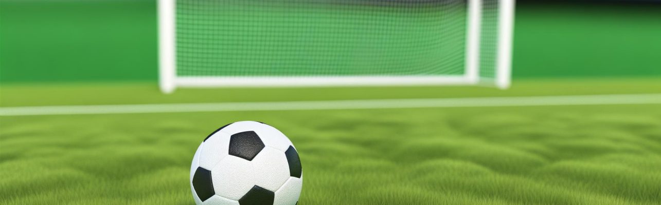 Un ballon de football légèrement usé repose sur l'herbe verte d'un terrain, avec des buts blancs en arrière-plan.