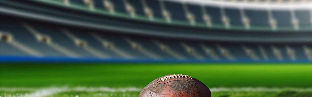 Un ballon de football sur l'herbe verte d'un terrain de stade vide avec des cages visibles en arriere-plan.