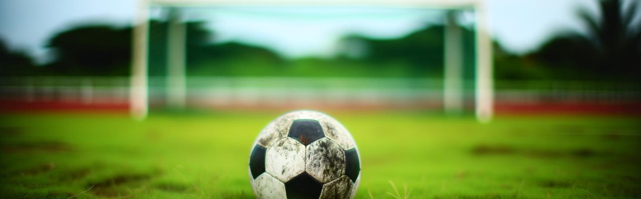 Un ballon de football usé sur un terrain de football en pelouse bien usé avec des cages floues en arrière-plan.