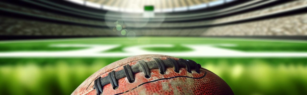 Un ballon de football usé est posé sur l'herbe avec un grand stade flou en arrière-plan.