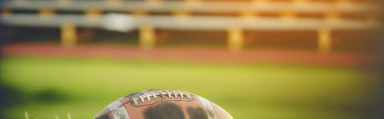 Un ballon de football use repose sur la pelouse d'un terrain vide pendant l'heure doree.