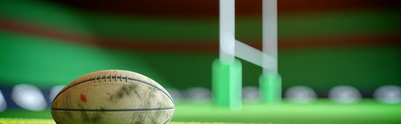 Un ballon de rugby use repose sur lherbe verte dun stade avec des poteaux de but en arriere-plan.