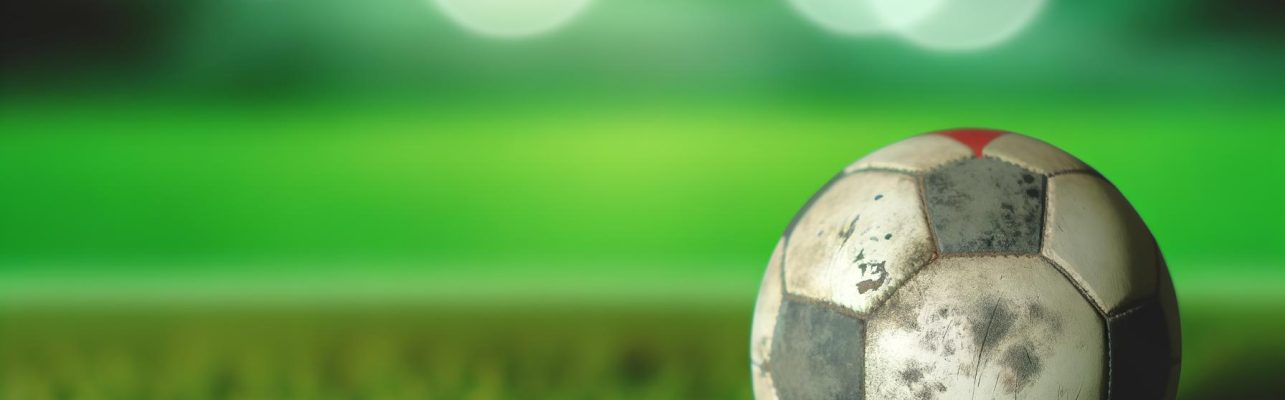 Un ballon de football use sur lherbe dun terrain vide.