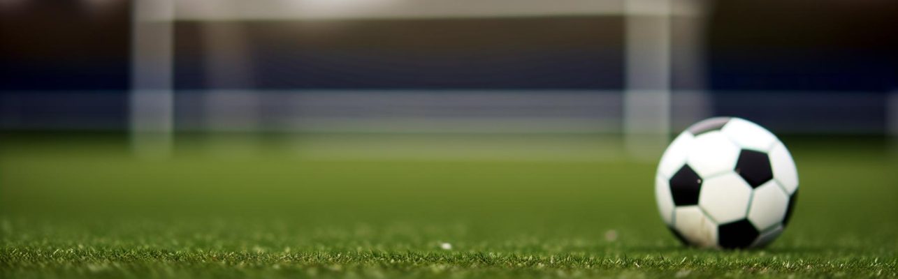 Un ballon de football noir et blanc repose sur une pelouse parfaitement tondue avec des lignes blanches, avec des buts visibles au loin.