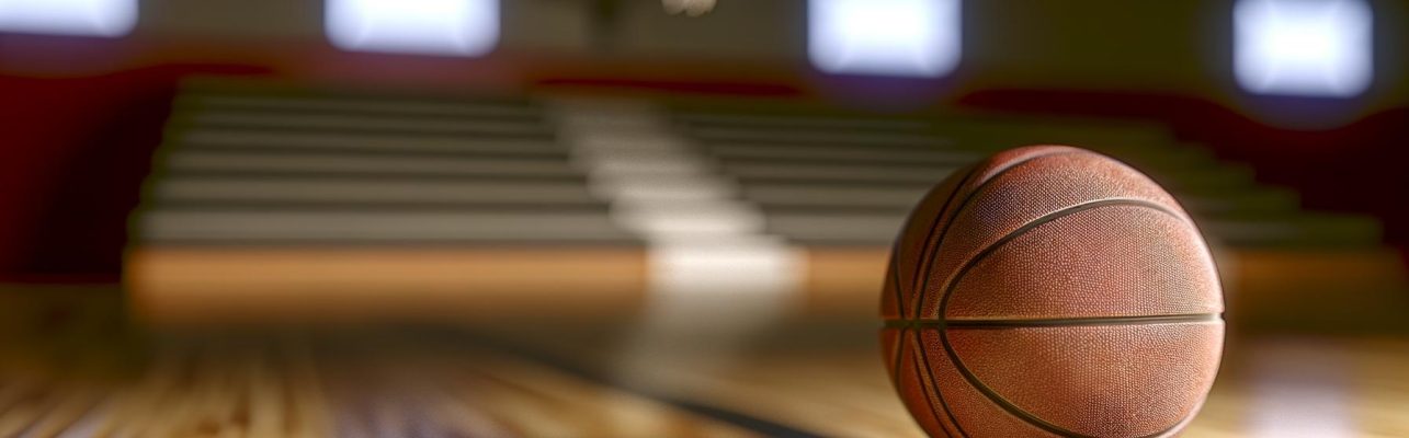 Un ballon de basketball sur un sol en bois verni dans un gymnase.