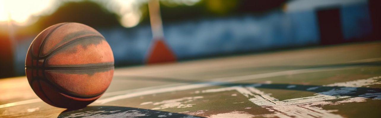 Un ballon de basketball usé sur un terrain extérieur avec un panier en arrière-plan pendant l'heure dorée.