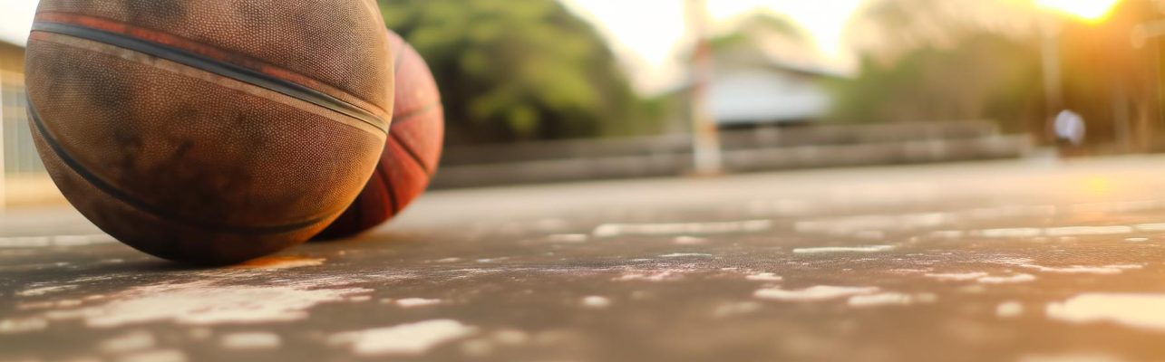 Un ballon de basketball usé repose sur un terrain extérieur pendant l'heure dorée, avec un panier visible au loin.