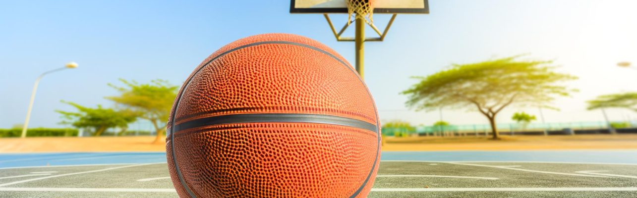 Photo rapproche d'un ballon de basketball sur un terrain exterieur avec le panier en arriere-plan.
