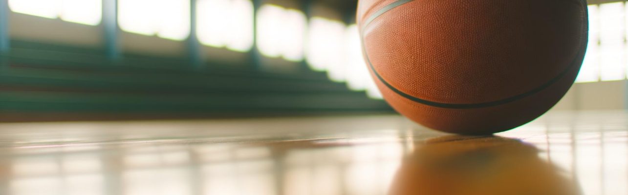 Un ballon de basket posé sur un sol en bois avec des gradins flous et un panier en arrière-plan.