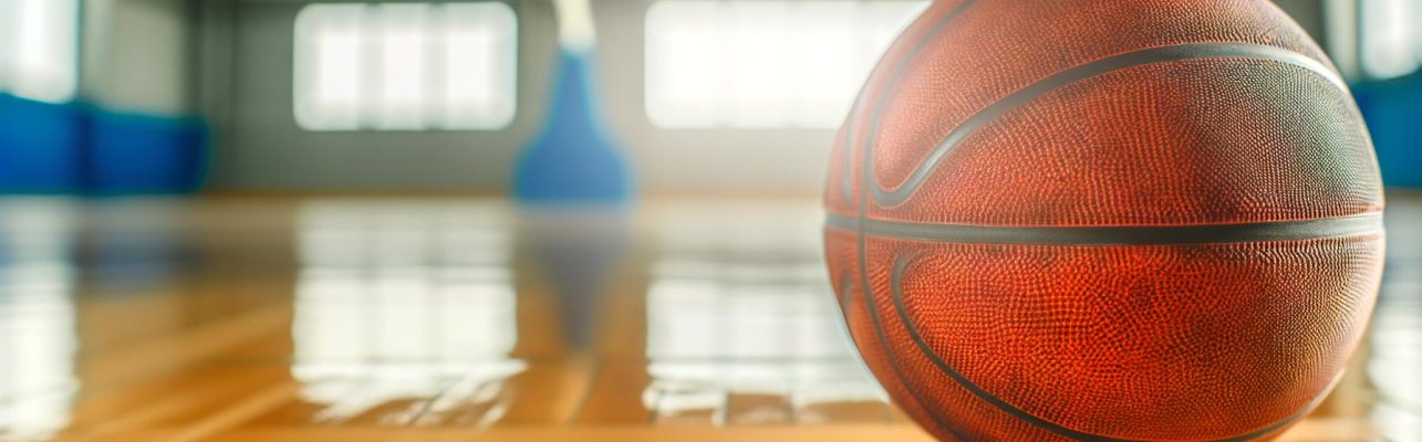 Un ballon de basketball sur un parquet brillant avec la lumière du soleil entrant par les fenêtres.