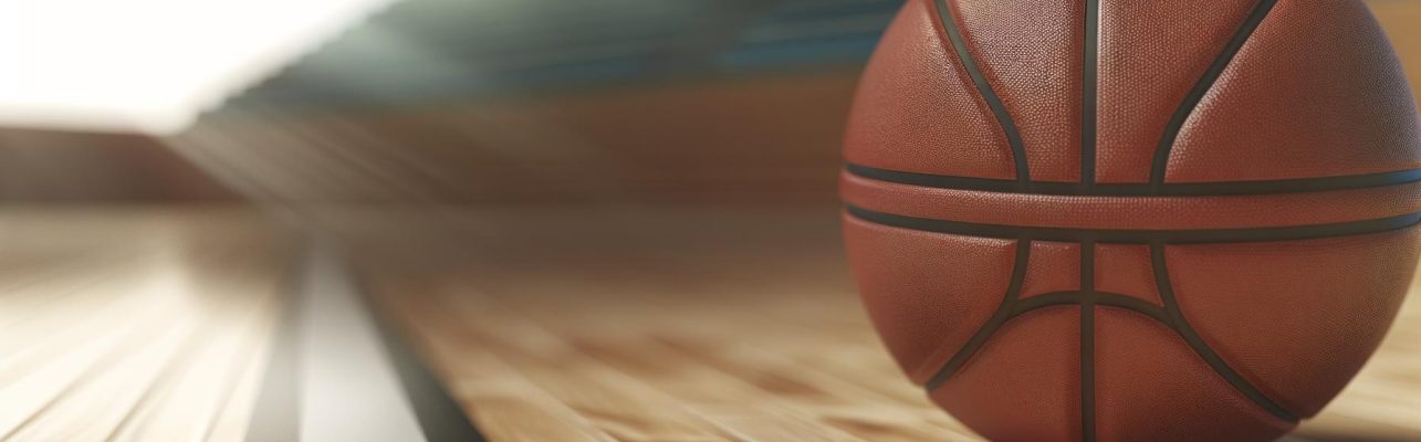 Photo d'un ballon de basket sur un terrain avec des tribunes floues en arrière-plan.