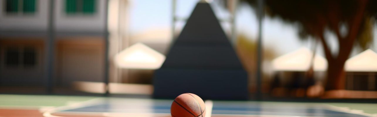 Un ballon de basketball sur le sol en bois pres de la ligne des trois points avec un panier flou en arriere-plan.