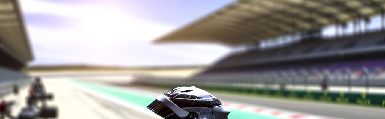 Un casque de Formule 1 posé sur un mur de stand avec une vue floue de la piste et des gradins vides en arrière-plan.