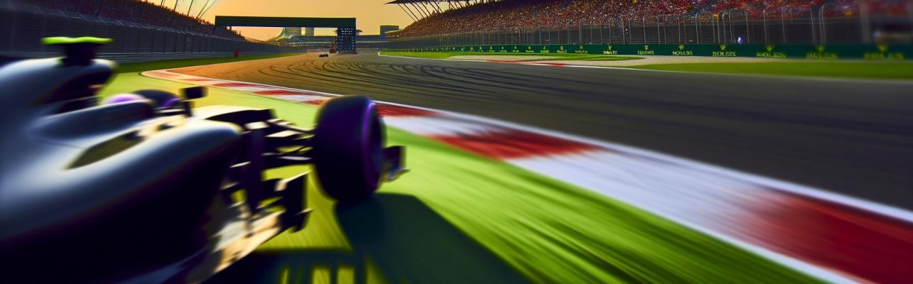 Circuit de course de Formule 1 au coucher du soleil avec une voiture rapide au premier plan et des tribunes en arrière-plan.