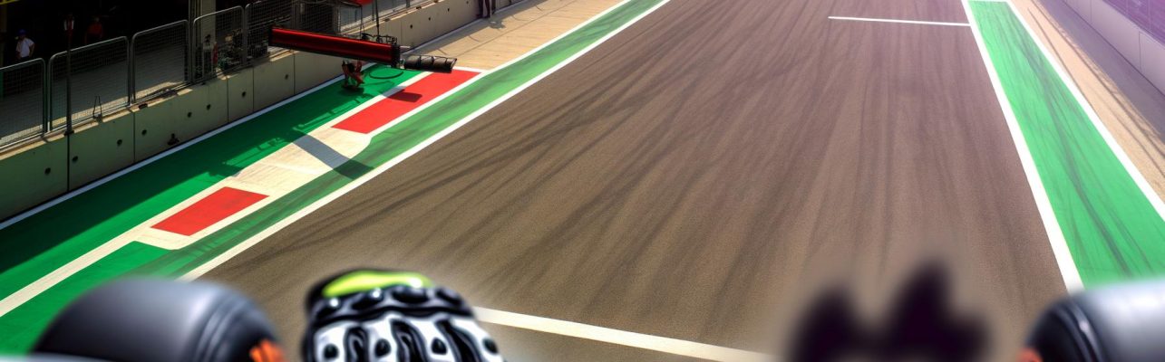 Vue aérienne d'un circuit de Formule 1 sous un soleil éclatant, avec un casque et des gants de course au premier plan.