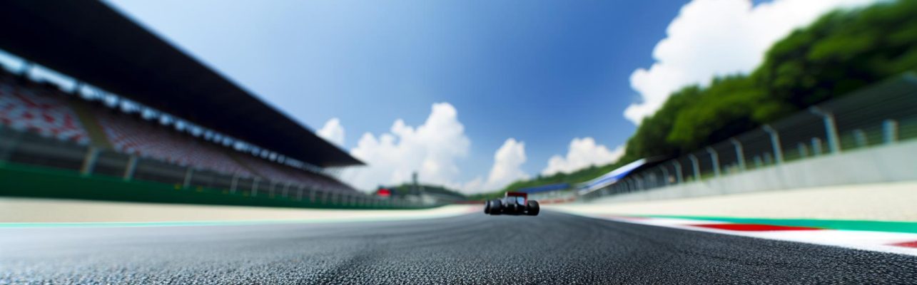 Vue en plongée d'un circuit de Formule 1 sous un ciel bleu clair avec des tribunes et de la verdure en arrière-plan.