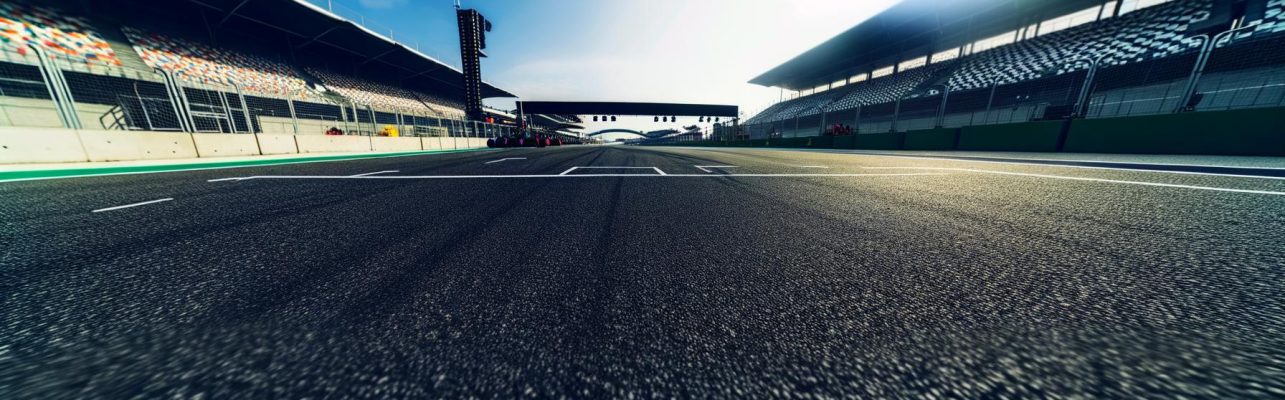 Vue du circuit de Formule 1 avec la grille de départ vide et la voie des stands.