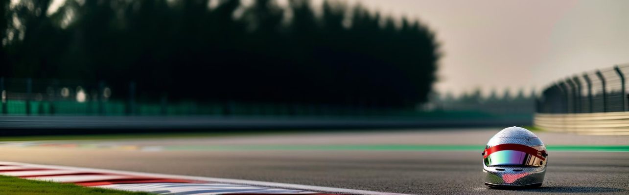 Une section de circuit de Formule 1 le matin avec un casque de course au premier plan.