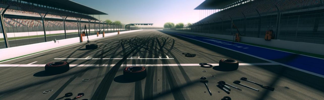 Un circuit de Formule 1 avec la piste vide et des équipements dans la voie des stands.