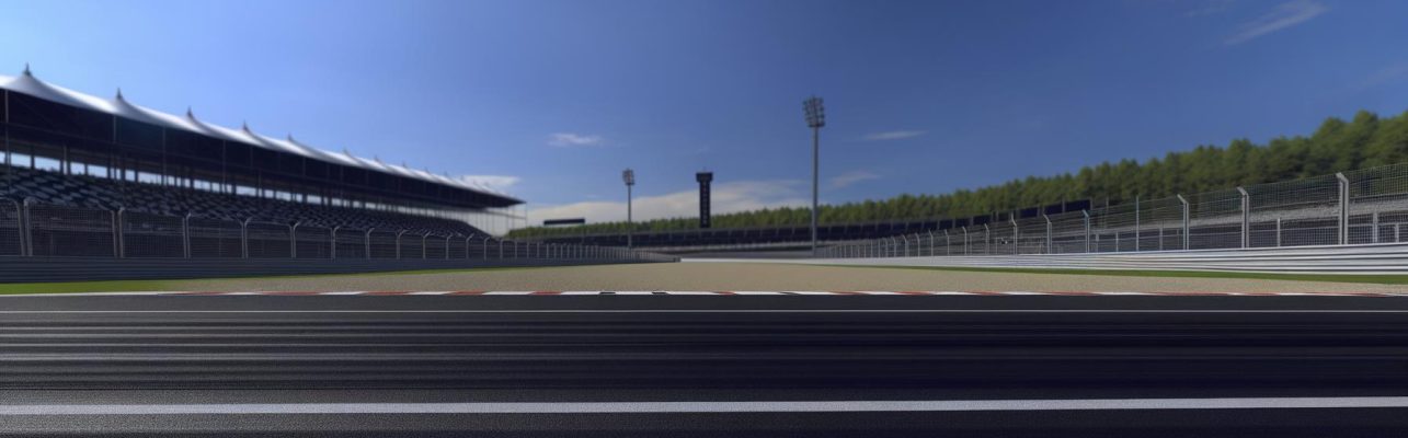 Un circuit de course de Formule 1 avec piste vide et ciel bleu clair.
