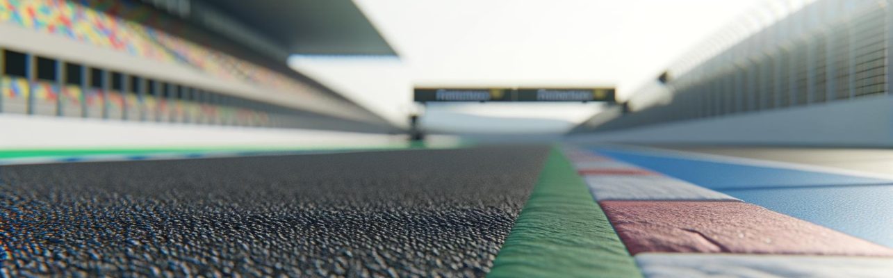 Circuit de Formule 1 avec piste vide et bordures colorees.