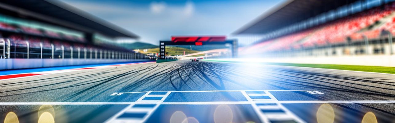 Vue d'un circuit de Formule 1 depuis la voie des stands avec des tribunes et des spectateurs flous en arrière-plan.