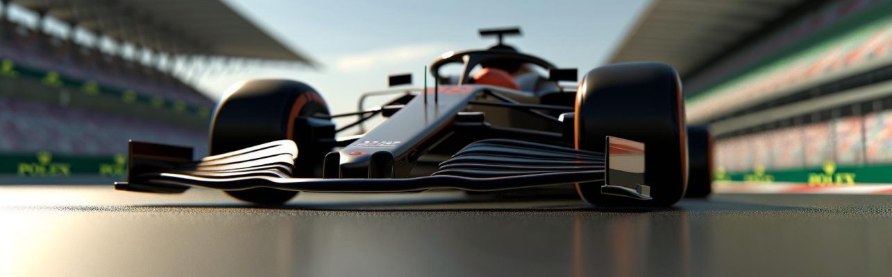 Une voiture de Formule 1 est vue sur un circuit de course, avec un arrière-plan flou et les tribunes visibles au loin.