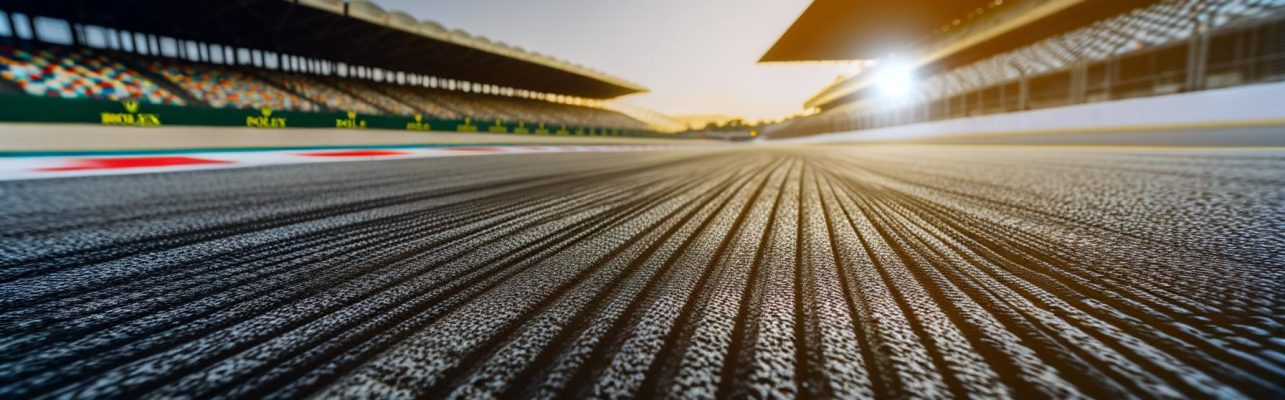 Vue large d'un circuit de Formule 1 au coucher du soleil avec des stands vides en arrière-plan.