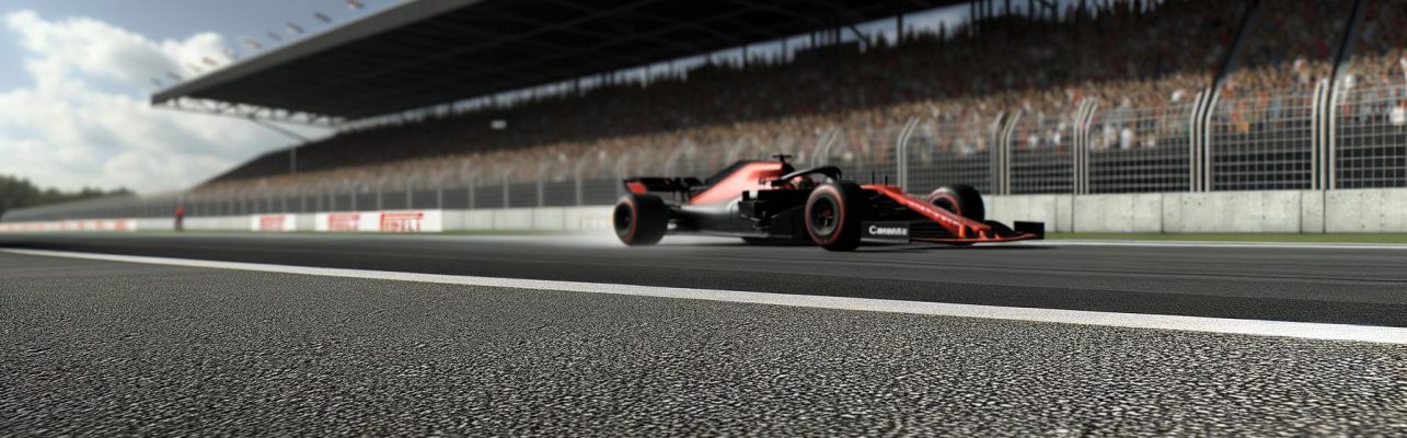Une voiture de F1 en pleine vitesse sur un circuit pendant une course, avec des gradins flous à l'arrière-plan.