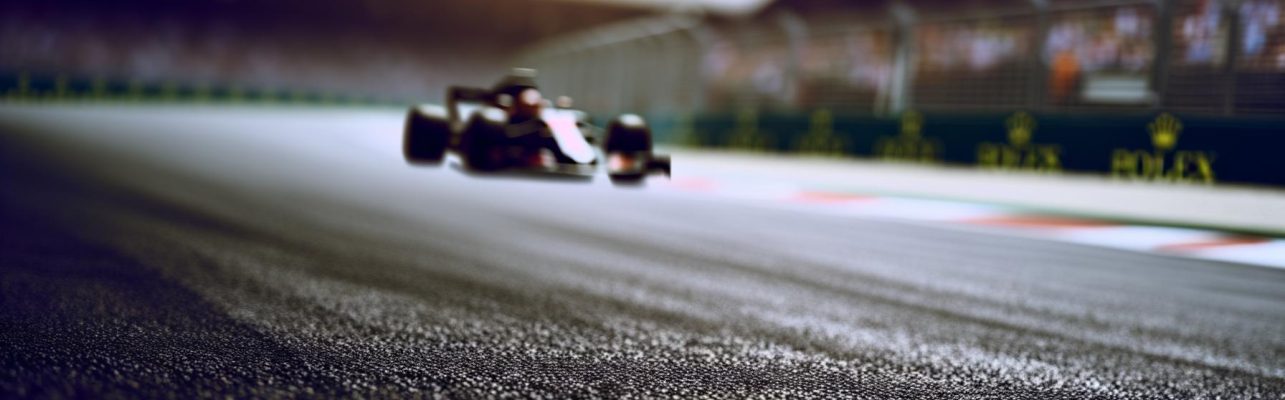 Photographie d'un circuit de Formule 1 avec une voiture visible au loin et un public flou dans les gradins.