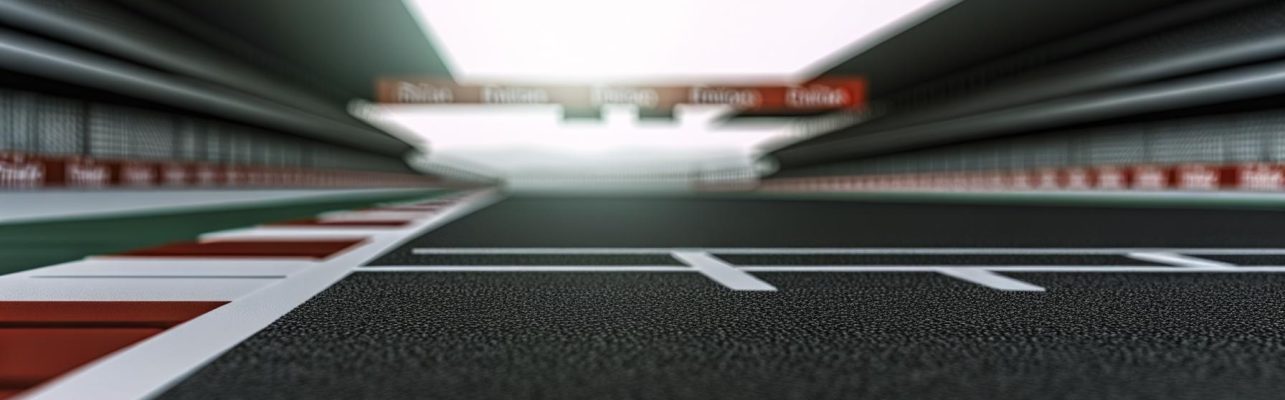 Vue de la piste de course de Formule 1 avec focus sur la ligne de départ et l'asphalte lisse.