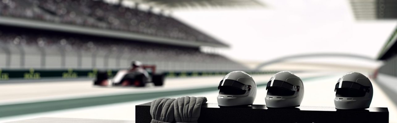 Casques et gants de course bien alignés sur un banc dans une zone de stand.