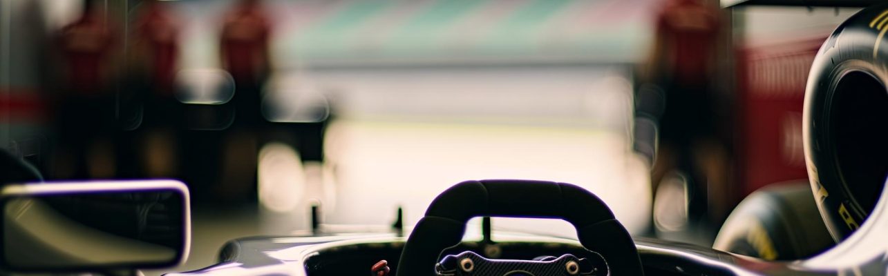 Cockpit d'une voiture de course de Formule 1 avec volant et tableau de bord dans un garage de stands.