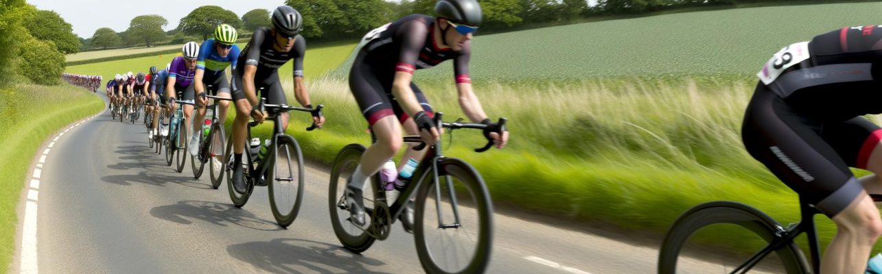 Groupe de cyclistes sur une route de campagne avec des champs verts de chaque coté.